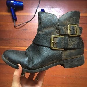 Distressed faux leather moto boots